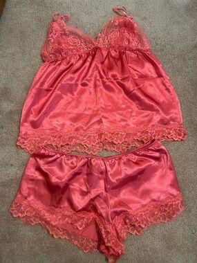 Lace-Trim Satin Cami & Short Sleep Set — Coral Pink